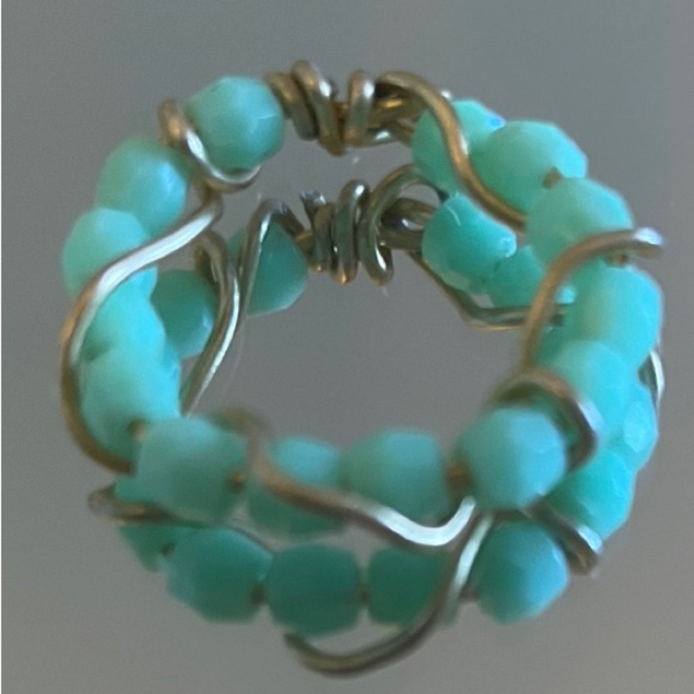 Handmade pastel teal ring wrapped in faux gold wire - Picture 1 of 3